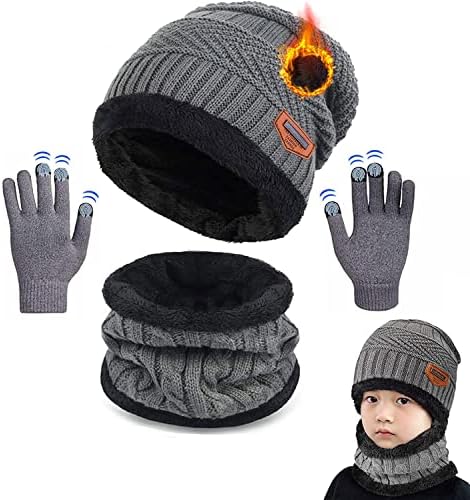 CheChury Kids Knitted Beanie Hat Circle Scarf and Gloves Set Super Soft Fleece Inner Lining Warm Hat Neck Warmer and Gloves Set for Outdoor,3-11 Years old
