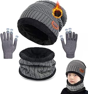 CheChury Kids Knitted Beanie Hat Circle Scarf and Gloves Set Super Soft Fleece Inner Lining Warm Hat Neck Warmer and Gloves Set for Outdoor,3-11 Years old
