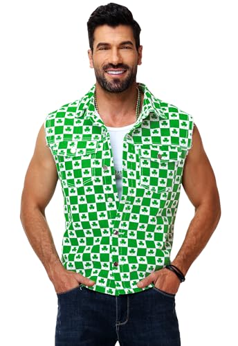 Image of AOBUTE Mens 4th of July Denim Vest American Flag Print Sleeveless Jean Jacket