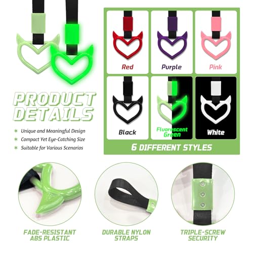 Image of 2 Pcs Devil Heart Shaped Car Handle Strap - Drift Charm Rear Bumper Warning Ring Decor for Car Interior Exterior, Subway Bus Handle Accessory, Cute Heart Car Decor Gift for Drivers (Luminous Green)