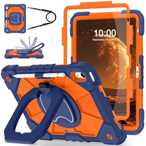 Image of WESOROL Case for iPad (A16) 11th /10th Generation 2025 /2022 with Screen Protector Rotating Stand Pencil Holder Shoulder Strap Heavy Duty Shockproof Cover for iPad 10th Gen Case,Navy Orange