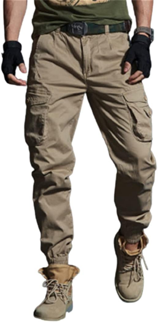 KEHAIOO Khaki Casual Pants, Men Military Tactical Joggers, Camouflage Cargo Pants, Multi-Pocket Black Army Trousers