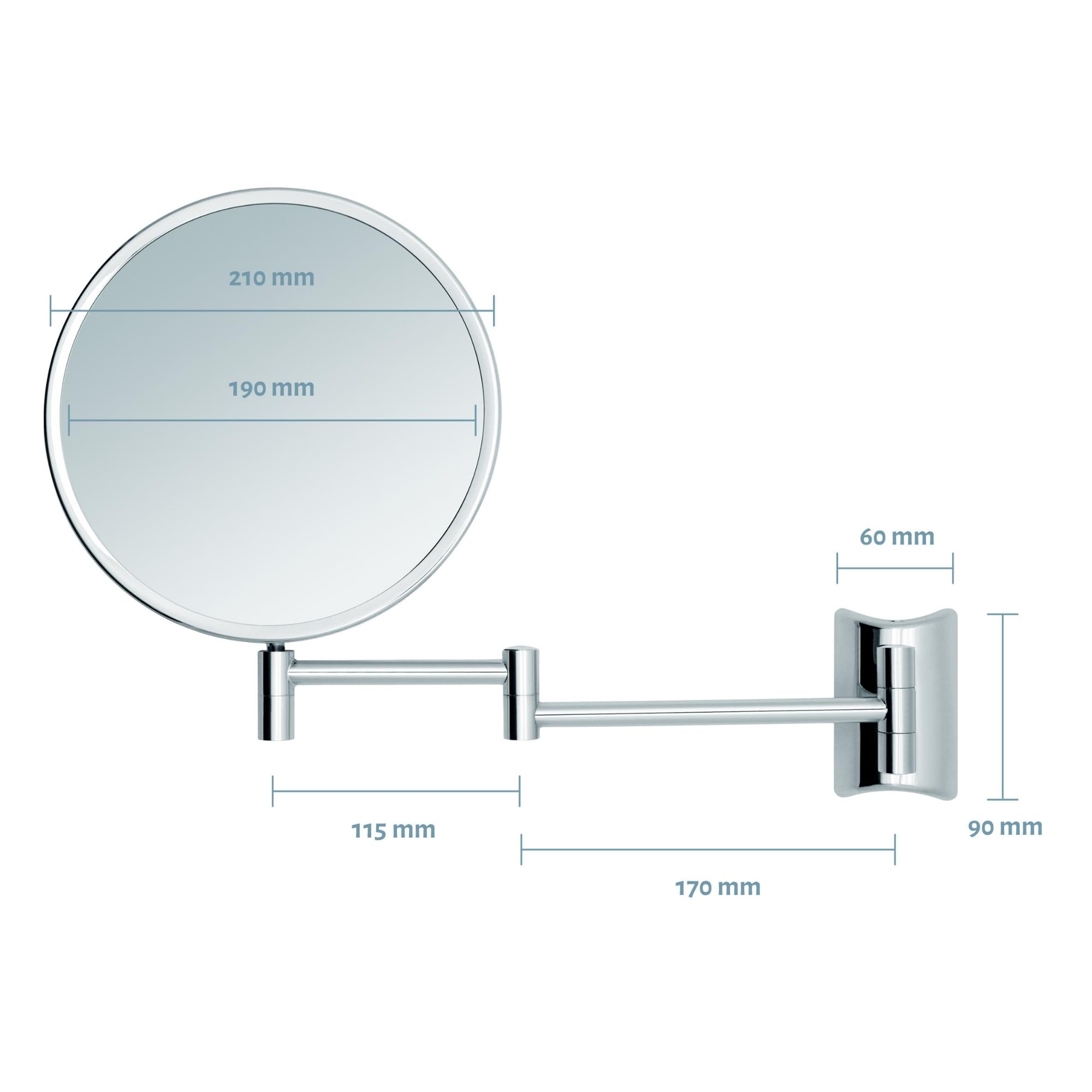 Kosmetikspiegel Imola – 360° drehbarer Schminkspiegel mit Wandmontage – doppelseitiger Rasierspiegel mit 3X & 7X Vergrößerung – ausziehbarer Badspiegel aus verchromtem Metall, Ø 19 cm