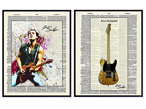 Bruce Springsteen and Guitar Dictionary Art Print - Vintage Upcycled Wall Art Poster - Unique Rustic Home Decor and Gift for 80's Music Fans, (Set of Two) 8x10 Photos Unframed