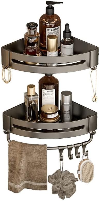 Organizador de ducha de esquina negro, estantes de baño montados en la pared con toallero, organizador de estante de esquina de ducha, estantes de