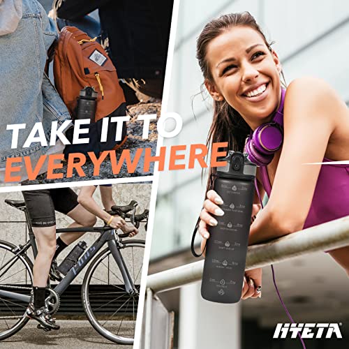 Image of Hyeta Plastic Water Bottle With Straw & Time Marker, 32oz Leakproof Jug | Motivational Tritan BPA Free Gym Office Outdoor Intake Tracker Hourly Reminder Straw Lid Lightweight