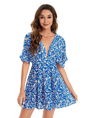 Image of Floerns Women's Tropical Floral Plunging V Neck Tie Open Back Summer Short Dress