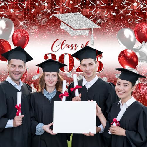 Mocsicka Red Silver Class of 2025 Backdrop Graduation Caps Congrats Grad Celebration Photography Background Graduation Prom Party Decor Supplies Photo Booth Props (7x5ft)