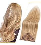 Benehair Seamless Clip in Hair Extensions Real Human Hair 16 Inch, Balayage Ash Blonde with Bleac...