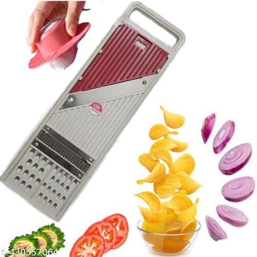 6-in-1 Multipurpose Vegetable Slicer & Chopper with Handle | Stainless Steel Blade for Chips, Onion, Tomato, Cucumber, and More | Kitchen Cutter Grater Tool | OK Tested (Red & Grey)