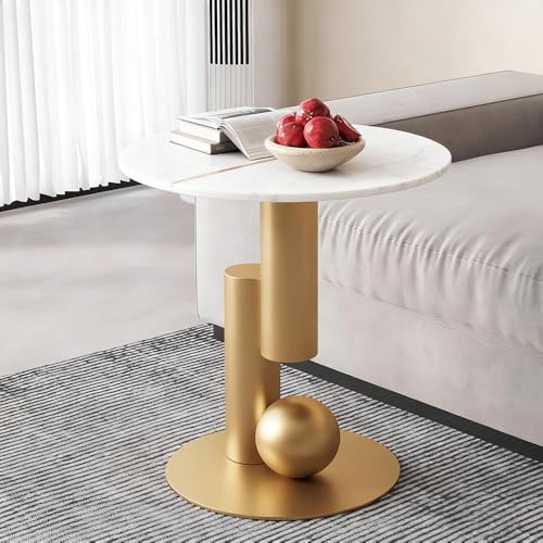 Image of Round End Table, Luxury Circle Modern Side Table, Marble Side Tables for Living Room, Creative Aesthetic Coffee Table Bedside Nightstand for Couch Bedroom Sofa Patio Balcony (White Gold, H 21.7inch)