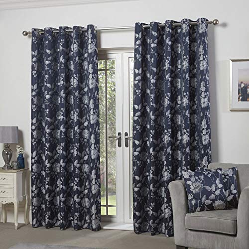 Emma Barclay – Fully Lined Curtains for Bedroom Living Room Jacquard Eyelet Two Panel Floral Curtains Butterfly Meadow Collection (90” x 72” Inch)(Navy)