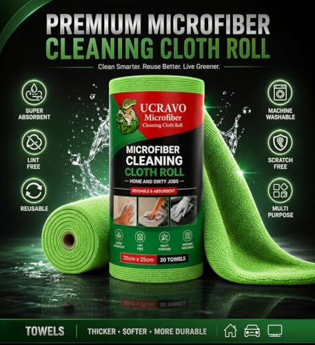 Image of UCRAVO 2 Roll - 40 SHEETS Kitchen Towel Roll 8000 Times Washable and Reusable Tear-Away Towels | Soft , Highly Absorbent and Streak Free Multi -Purpose Wash Cloth for Home Dishes Glass Cleaning - Green