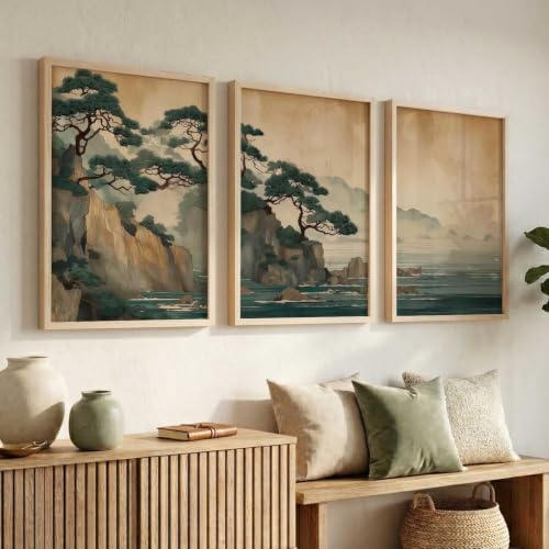 Image of kotart Big Aesthetic Nature Art Wall Framed Posters | Japanese Nature View Framed Poster for Living Room Bedroom Wall Decor Set Of 3 (35x37 Inch)