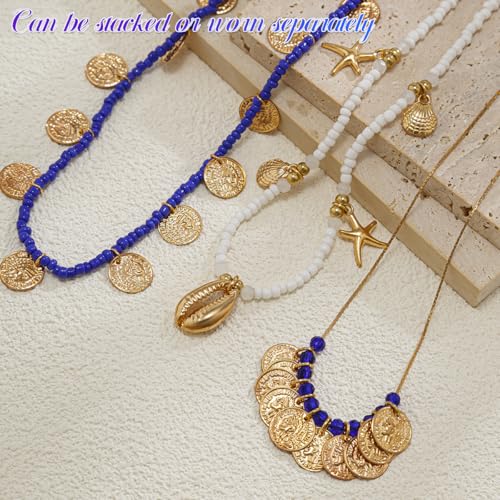 Image of SANNIDHI 3Pcs Necklace for Women Girls Boho Gold Seashell Starfish Pendant Necklaces Layered Beads Necklace Chains Beach Jewelry Gift Item for Women