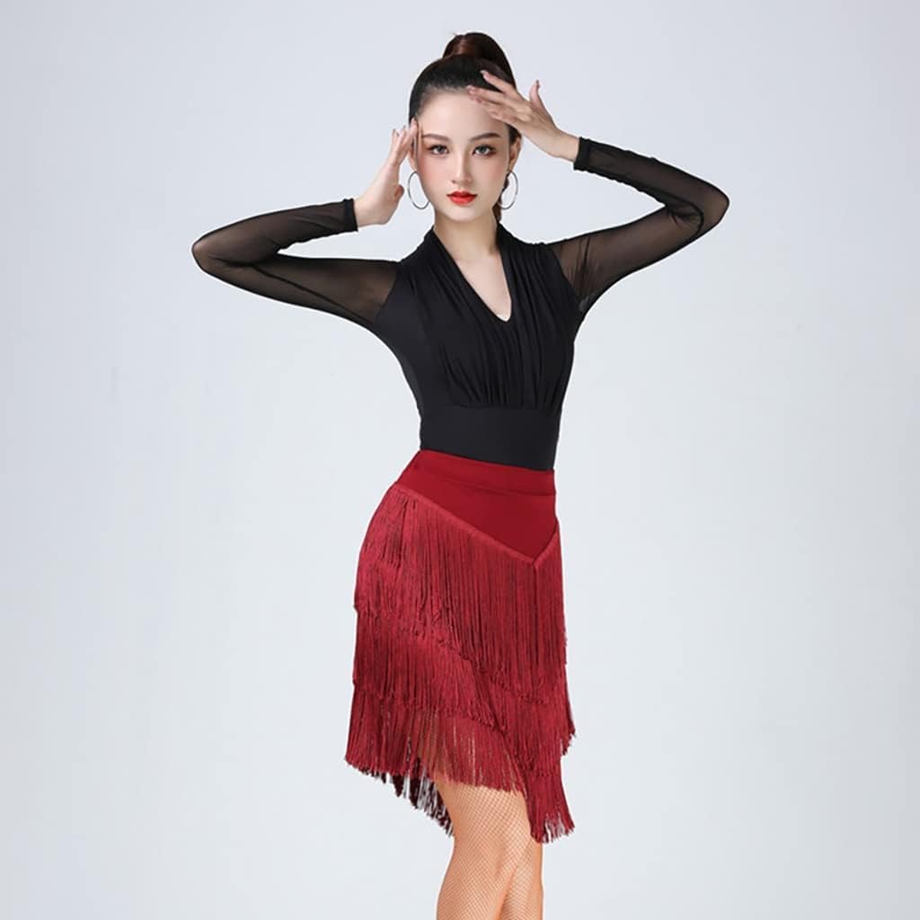 Gonne da Donna Latine Dae per Rumba Samba Tango Jazz, Gonna Classica da Donna A 3 Livelli con Frangia Dae per La Formazione Concorso Party Performae, Red, 3XL