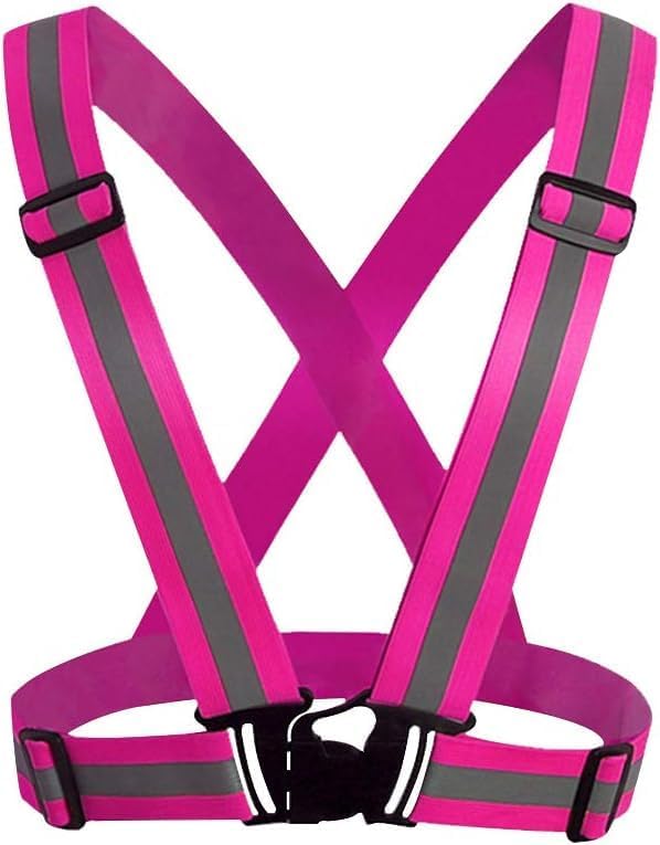 - High Visibility Protective Safety Reflective Vest Belt Jacket, Night Cycling Reflector Strips Cross Belt Stripes Adjustable Vest Safety Jacket (Pink)