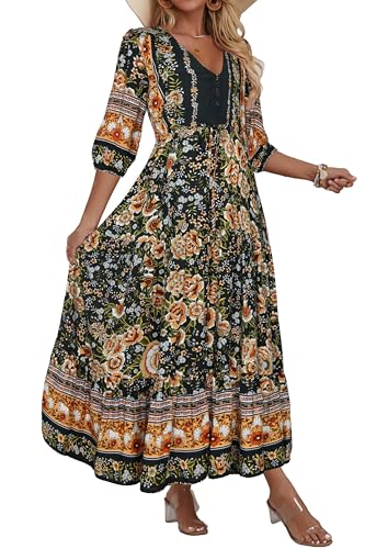Image of Women Short Sleeve V Neck Floral Print Casual Bohemian Maxi Dresses