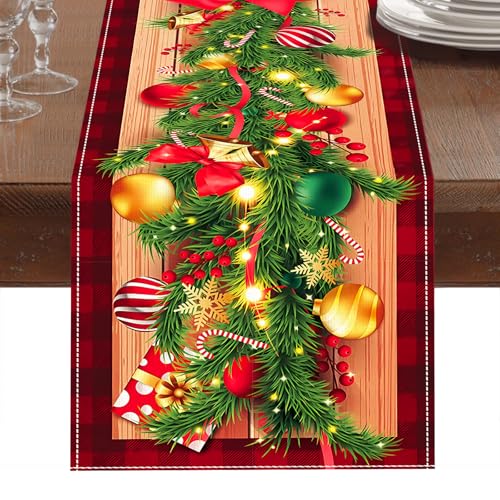 Camino de Mesa Navideño 230 x 33cm, Decoracion de Mesa Navideña, Camino de Mesa Navideño Rojo con Arbol de Navidad, Dulces Navideños y Campanas de Navidad Impreso, para Centro de Mesa Navideño