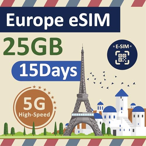 eSIM Europe Data ONLY Card 15Days | 25GB of 5G/4G LTE High Speed Prepaid Data Sim Card | Good Connection | REFILLABLE! (25GB / 15Days)