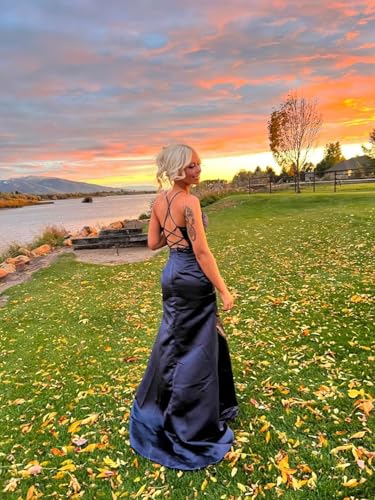 YUAOHUANG Women's Spaghetti Strap Satin Bridesmaid Dresses for Wedding Long Mermaid Formal Evening Gown with Slit4