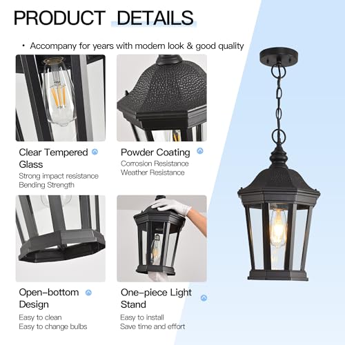 Image of Large Outdoor Pendant Light 17.9 inch Black Hanging Lantern Lights