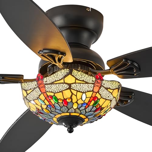 Yanokooe Tiffany Ceiling Fans with Lights - 48 Ceiling Fan Chandelier with 5 Dual-Blades and Glass Shade 6 Speeds and Reversible Indoor and Outdoor Retro Style