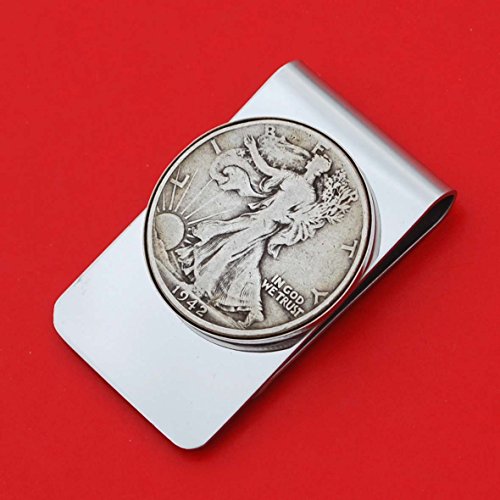 US 1942 Walking Liberty Half Dollar 90% Silver Coin Stainless Steel Money Clip NEW - Silver Plated Coin Bezel2