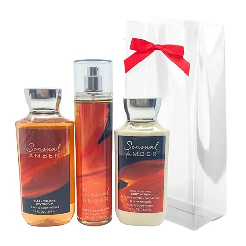 Bath & Body Works Sensual Amber - Paquete de 3 piezas - Paquete de regalo para vacaciones - Gel de ducha de 10 onzas - Bruma de fragancia fina de 8