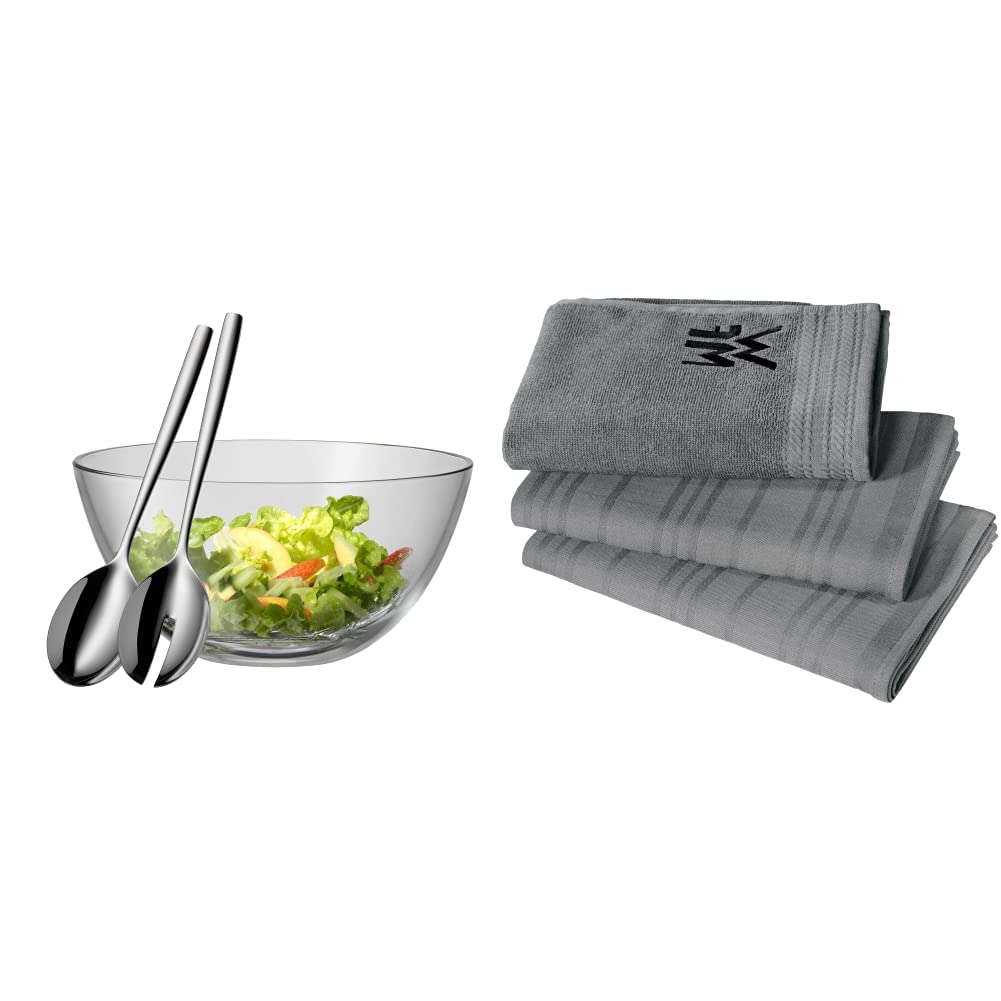 WMF Taverno Salatschüssel Set 3-teilig, Salatbesteck 25 cm mit Salatschale, runde Schale 23,5 cm & Küchenhandtuch-Set 3-teilig, Baumwolle Küchentücher, 2 Geschirrtücher, Handtuch, Geschirrhandtuch