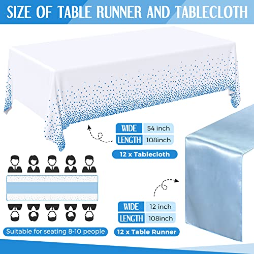 Image of Breling 24 Packs Baby Blue and White Disposable Plastic Tablecloths and Satin Table Runner Set, 54 x 108 Inch Tablecloth, 12 x 108 Inch Table Runners for Wedding Graduation Birthday Baby Shower