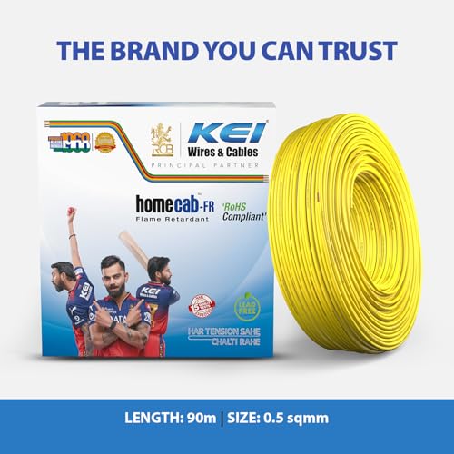Image of KEI WIRES & CABLES Homecab 0.5 sqmm 1 Core Copper Flame Retardant House Wire PVC Insulated Cable for Domestic & Industrial Electrical Wiring (Yellow, 90 Meters)