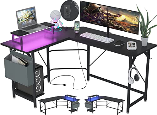 Szxkt Gaming Desk With Monitor Stand And Power Outlets,L Shaped Desk With Storage And Led Lights,Home Office Reversible Corner Computer Desk With Hooks (Black) #TOP14