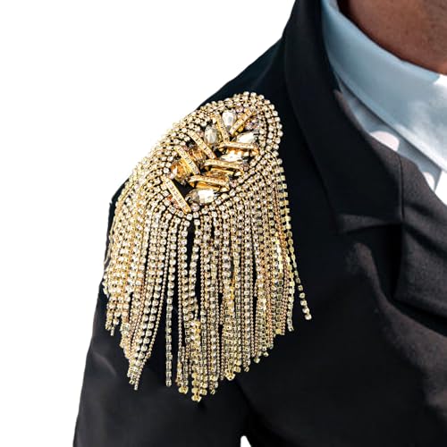 2 Pack Tassel Shoulder Epaulette, Metal Cosplay Ringmaster Shoulder Pads Epaulet with Pins, Gold Rhinestone Beaded Diamond Shoulder Boards Badge Brooch for Men Women Uniform Costume4