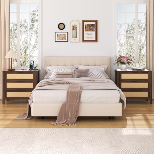 HOMMPA Rattan Night Stand with Charger Station Set of 2, 26'' Wide Boho Nightstand with 3 Drawer, Modern Bedside Table with Plug, Bed Side End Table Dresser with Open Shelf for Bedroom, Walnut - image 7