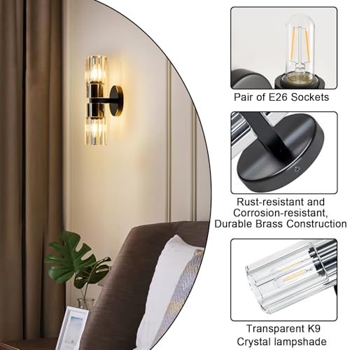 Image of Black Crystal Wall Sconces Set of Two, Wall Sconce Set of 2, Black Sconces Wall Lighting with K9 Crystal Lampshade, Wall Lights for Bedroom Living Room Bathroom Hallway