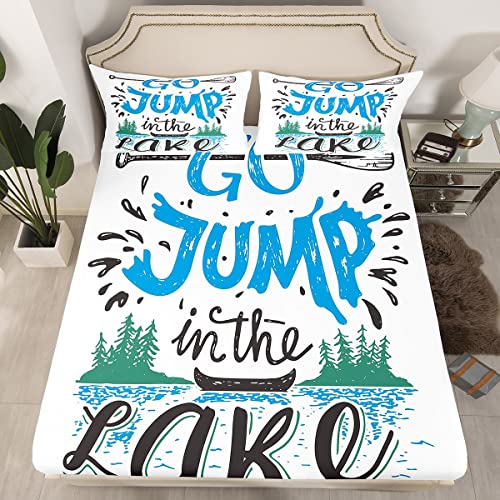 Nautical Beach Bed Sheets Twin,Go Jump In The Lake Bedding Set Rustic Farmhouse Wooden Boat Paddle Sheet Set For Country Cabin Lodge,Green Blue Lake Fitted Sheet + Flat Sheet + 1 Pillow Case #TOP1