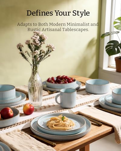 Image of Famiware Plates and Bowls Set with Rim, Stoneware Dinnerware Sets for 4 | 12-Piece Ceramic Dishes, Lipped Edges, Chip & Scratch Resistant, Microwave & Dishwasher Safe, Everyday Formal Use, Light Blue