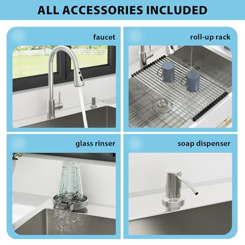 Image of Kichae 33 Drop In Kitchen Sink with Faucet Combo - Stainless Steel Sinks 33 x 22 Inch Topmount Overmount Single Bowl Handmade Basin with Accessories
