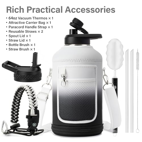 Insulated Water Bottle | Thickened Stainless Steel Vacuum Metal | Portable Sports Half Gallon Large Water Jug for Gym and Hiking with Straw, Carrier Bag, Handle Strap | BPA-Free 64 oz
