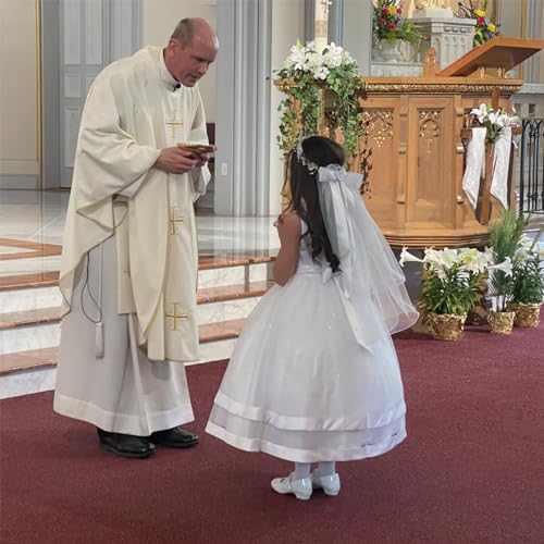 DDazzling Flower Crown Girls First Communion White Floral Wreath Lace Veil4