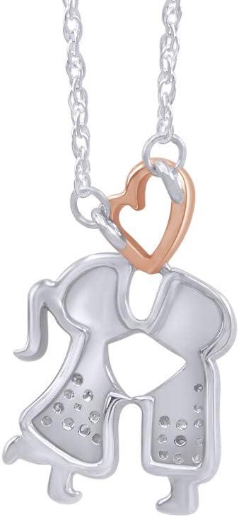 14k Two Tone Gold Over Sterling Silver Diamond Accent Boy Kiss Girl Heart Pendant w/ 18" Chain
