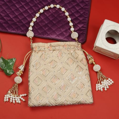 Image of LONGING TO BUY Indian Embroidered Pearl Potli Bag For Women, Sequence Design with Tassel, Wedding Potli Bags