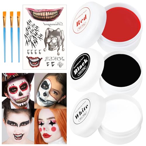 Hendpock Trucco per Halloween,150 g Trucco Bianco Nero rosso per Viso,Trucchi Make up Halloween Bambini Adulti per Halloween Carnevale Cosplay vampiro, zombie,trucco teatrale,Effetti Speciali