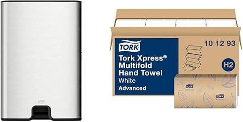 Dispensador de toallas de papel plegadas Tork Xpress (acero inoxidable) y toallas de mano suaves plegadas Tork Xpress (paquete de 16)