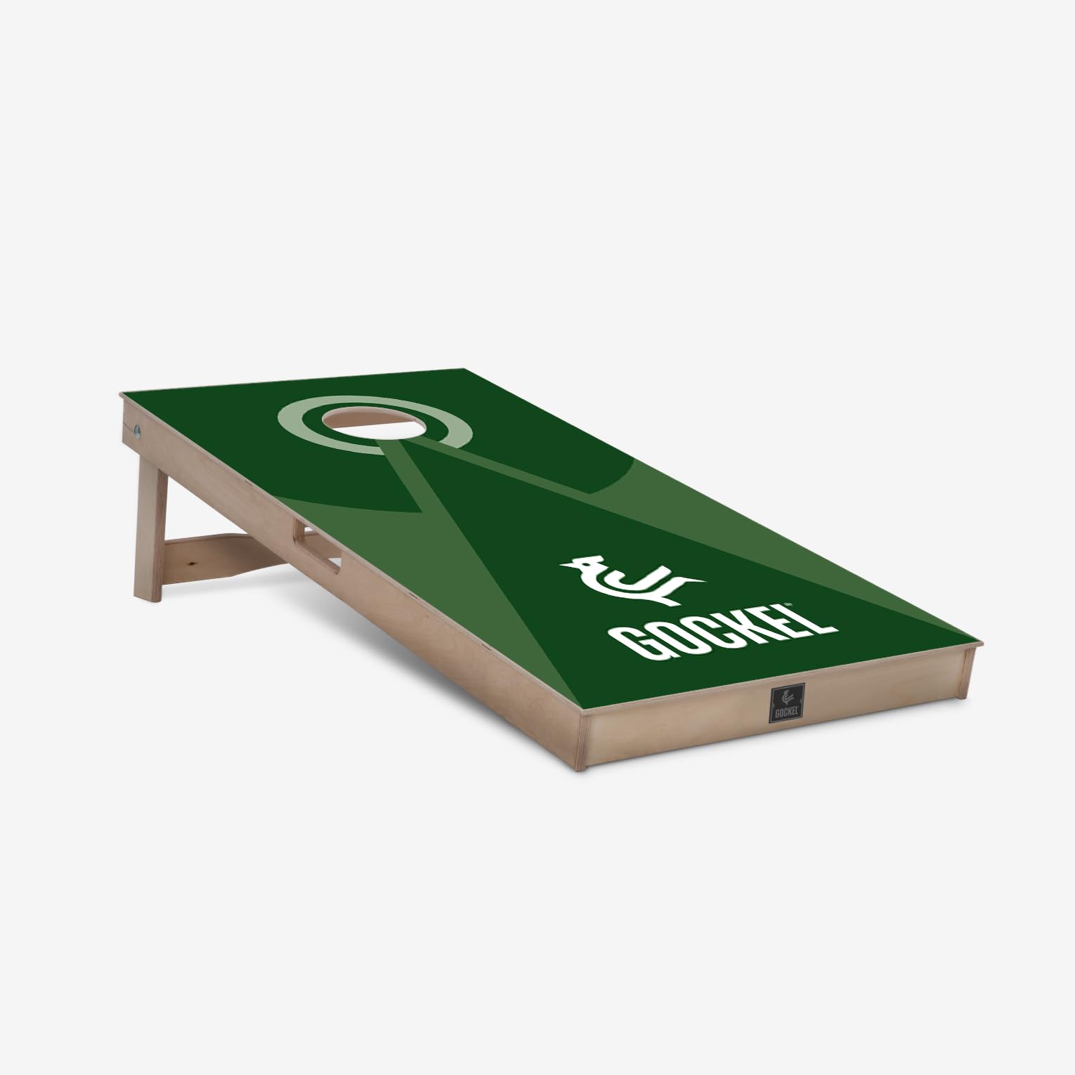 Gockel Original Cornhole Board mit grünen pyramiden (120 x 60 cm) inklusive 2 x 4 Cornhole Bags. Hergestellt aus 100% Birkensperrholz (FSC Zertifiziert) mit klappbaren Beinen