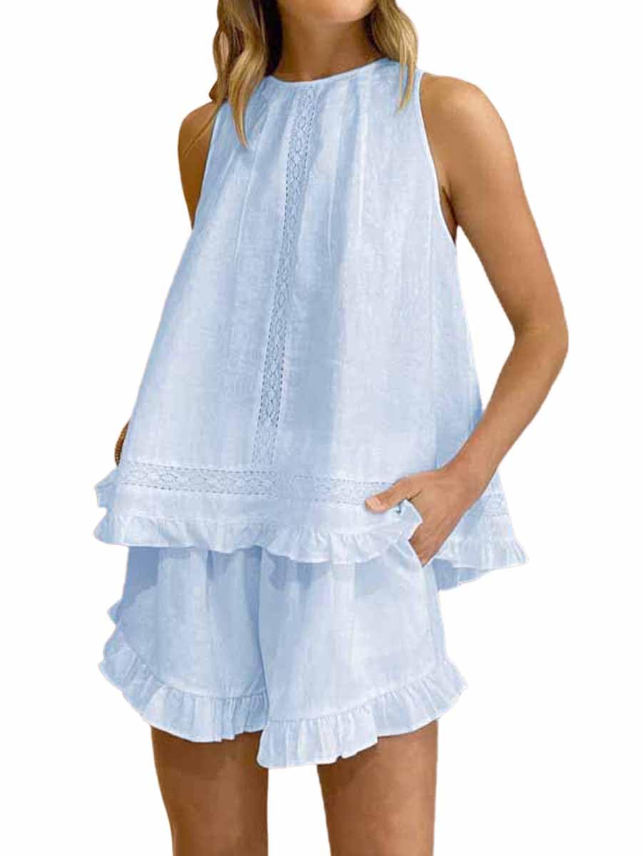 Sotimoon Womens Ruffle Short Set 2 Piece Outfits Fashion Summer Sleeveless Lace Trim Top and Shorts Cotton Pajama Sets