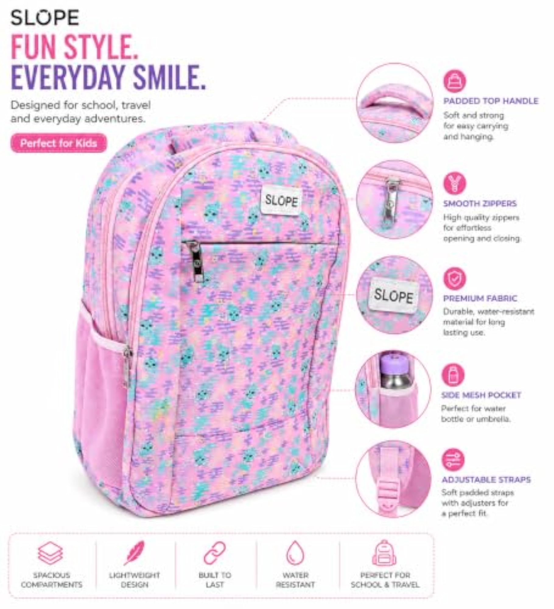 Kids Backpack Pink Cute Monster Print School Bag