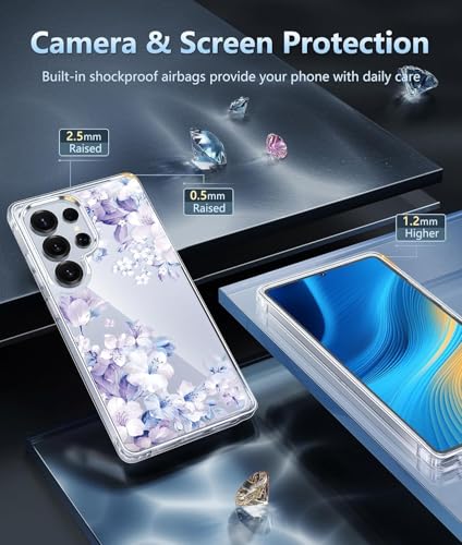 Image of Elzzi Clear Transparent Flower Cover for Samsung S25 Ultra 5g Case Shockproof Floral Design Camera Protection Shockproof PC+TPU Transparent Flower Cover for Girls & Women 2025 6.9 inch (Blue)