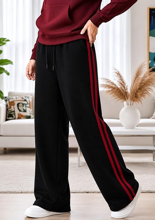 Image of Men's Baggy Track Pant, Black with Red Side Stripe, Relaxed Straight-Fit, 100% Cotton French Terry, 210 GSM